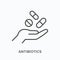 Antibiotics flat line icon. Vector outline illustration of . Black thin linear pictogram pill, tablet and hand for