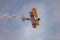 Antidotum Airshow Leszno 2023 and acrobatic shows of yellow Boeing Stearman plane on a blue clouy