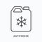 Antifreeze flat line icon. Vector outline illustration of jerrycan with snowflake. Black thin linear pictogram for car