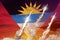 Antigua and Barbuda supersonic missile launch - modern strategic nuclear rocket weapons concept on sunset background, military