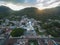 Antigua Cityscape in Guatemala. Volcano in Background.