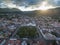 Antigua Cityscape in Guatemala. Volcano in Background. Central Park in Guatemala.