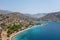 Antikyra Greece, aerial aerial drone view. Agios Isidoros sandy beach in Boeotia