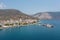 Antikyra Greece, aerial drone view. Coastal village boat marina and beach in Boeotia