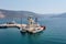 Antikyra Greece, aerial drone view. The port lighthouse, boats anchored in Boeotia