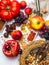 Antioxidants, resveratrol food as green tea, grape, blueberry, apricot, apple, cocoa, tomatoes, pomegranate, physalis, dark