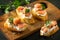 Antipasti snacks for Wine. Brushetta with Soft Cheese and Salmon