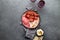 Antipasto. Meat platter, chips and sauces, red wine on gray background. Top view