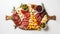 Antipasto platter with ham, cheese, olives and rosemary on white background Generative AI