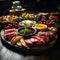 Antipasto platter with prosciutto crudo or jamon, salami, cheese and grapes on wooden background