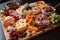 Antipasto platter with salami, cheese, crackers and fruits