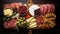 Antipasto platter with salami, cheese, olives and crackers on wooden background Generative AI