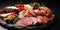 Antipasto platter with salami, ham, cheese, olives and tomatoes Generative AI