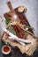 Antipasto traditional spanish meat snack with bread and herbs