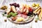 Antipasto various appetizer. Cutting board with prosciutto, salami, cheese, bread and olives on white wooden background