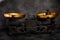 antiquarian scales with two golden bowls and black weight