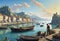 Antique academic painting with boats in an ancient harbor, fresco for painting, poster for printing,