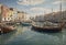 Antique academic painting with boats in an ancient harbor, fresco for painting, poster for printing,