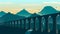 Antique aqueduct or viaduct, against the backdrop of mountains at dusk. Vector illustration.