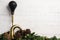 Antique auto brass horn in Christmas decor background