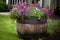 antique barrel repurposed as a flower planter
