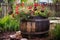 antique barrel repurposed as a flower planter