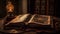 Antique bible on old wooden table illuminated generated by AI