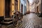 antique bike parked in a cobblestone alley