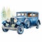 Antique Blue Car Watercolor Art: Detailed Character Illustrations