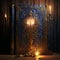 Antique Book on Weathered Wooden Table with Candlelights and Ancient Artifacts