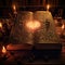 Antique Book on Weathered Wooden Table with Candlelights and Ancient Artifacts