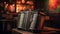 Antique books, guitar, on rustic wooden table generated by AI