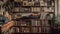 Antique bookshelf holds large collection of literature in old fashioned home generated by AI