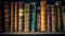 Antique bookshelf holds large collection of old literature generated by AI