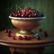 Antique bowl with ripe juicy cherries on wooden table green wall background. Farmhouse interior vintage style. AI generated