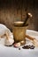Antique bronze mortar and pestle with spice