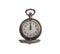 Antique bronze pocket watch showing several minutes before midnight, isolated on white background. The concept of time, past or