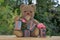 Antique brown teddy bear and a white bear sitting with Love stones and pink roses