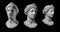 Antique bust of a woman with a diadem on her head. Three angles of rotation. Statue of Athena isolated on black