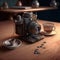 An antique camera with a lens placed on a table, rendered in photorealistic detail. Generative Ai
