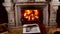 Antique carved marble fireplace, fire and book on the table, woman reading a book.
