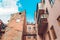 Antique Chapped Vintage Old Arhitecture Yard with Balcony,Blue Sky,Toned