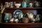 antique china tea set displayed on a shelf