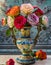 Antique Chinese vase filled with freshly cut roses