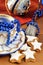 Antique christmas baubles of Biedermeier time with cookies and o