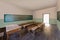 Antique classroom in school with Rows of empty wooden desks