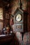 antique cuckoo clock hanging on a patterned wall