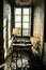 Antique desk. Historical lectern in front of a window.