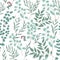Antique floral seamless pattern with beautiful eucalyptus branches, leaves and flowers on white background. Hand drawn