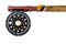 Antique fly reel and rod on white background